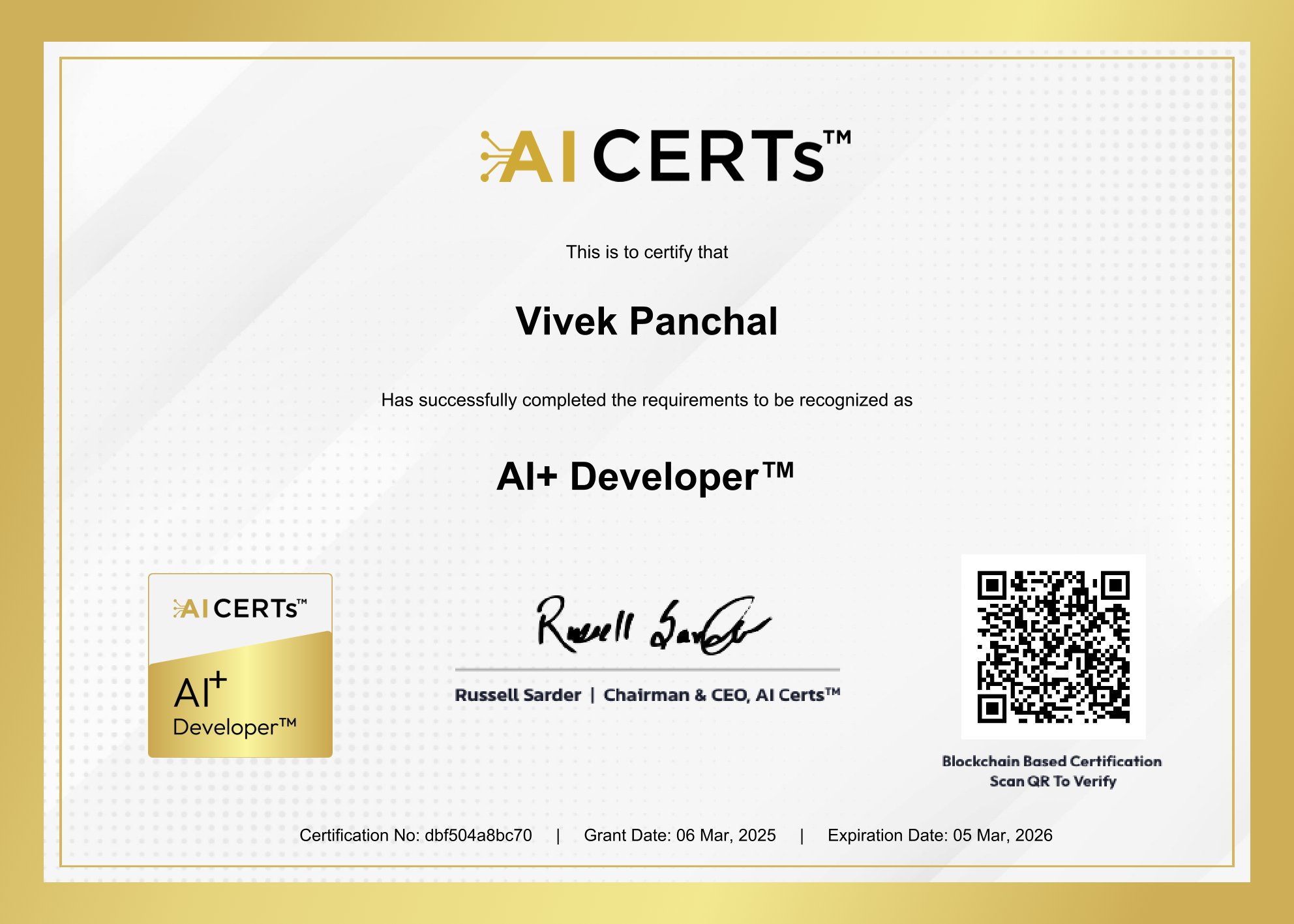 Certificate Earned By Vivek Panchal