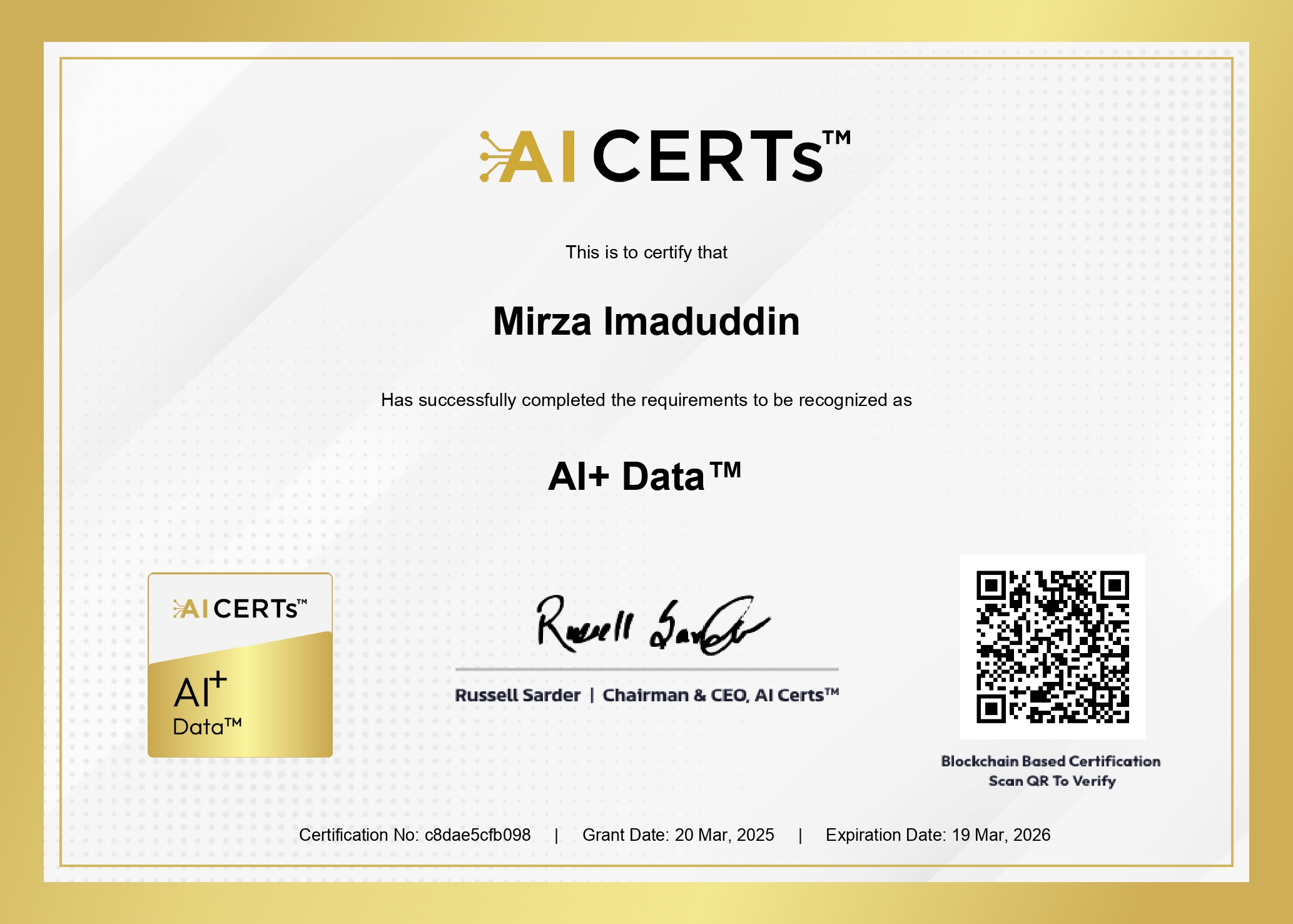 Certificate Earned By Mirza Imaduddin
