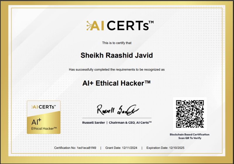 Certificate Earned By Sheikh Raashid Javid
