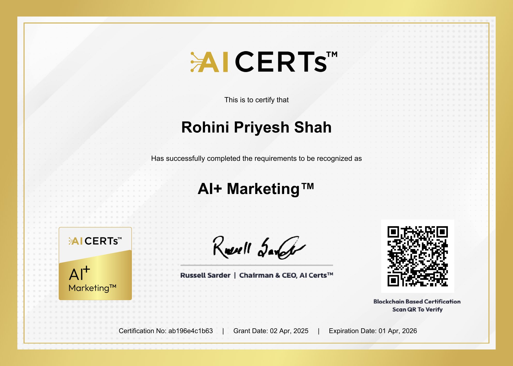 Certificate Earned By Rohini Shah