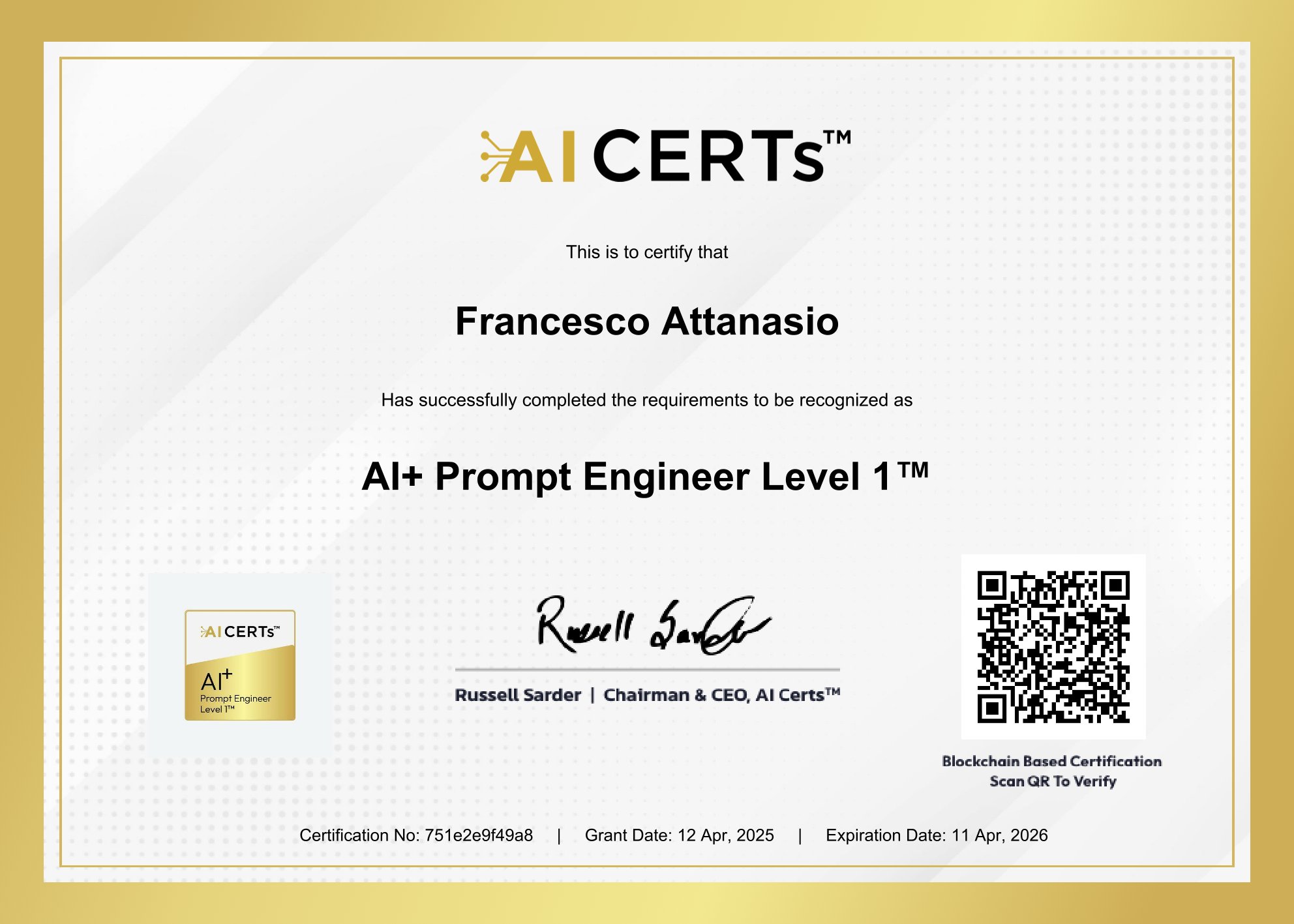 Certificate Earned By Francesco Attanasio