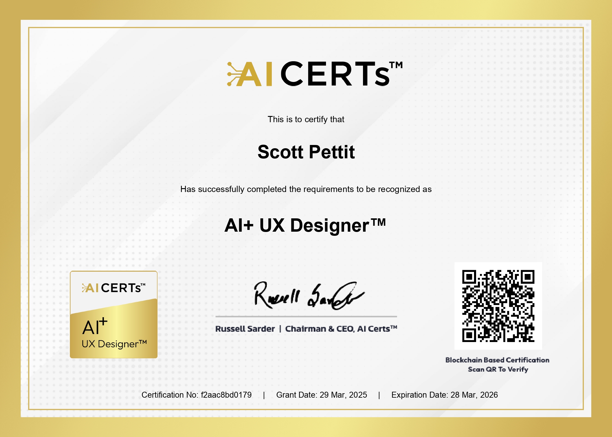 Certificate Earned By Scott Pettit