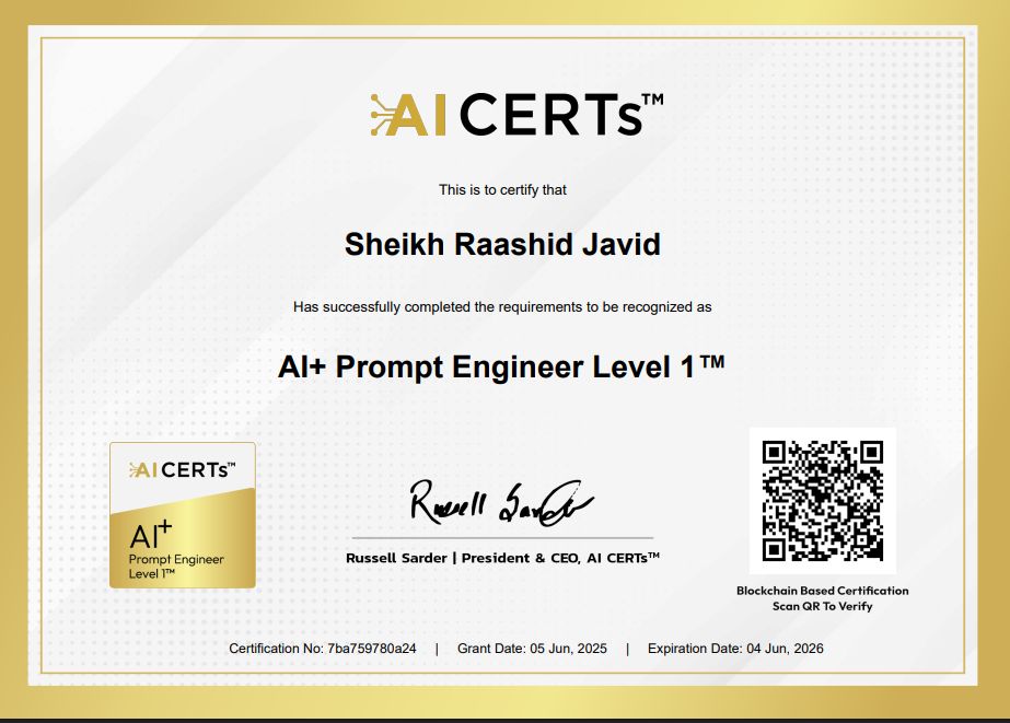 Certificate Earned By Sheikh Raashid Javid
