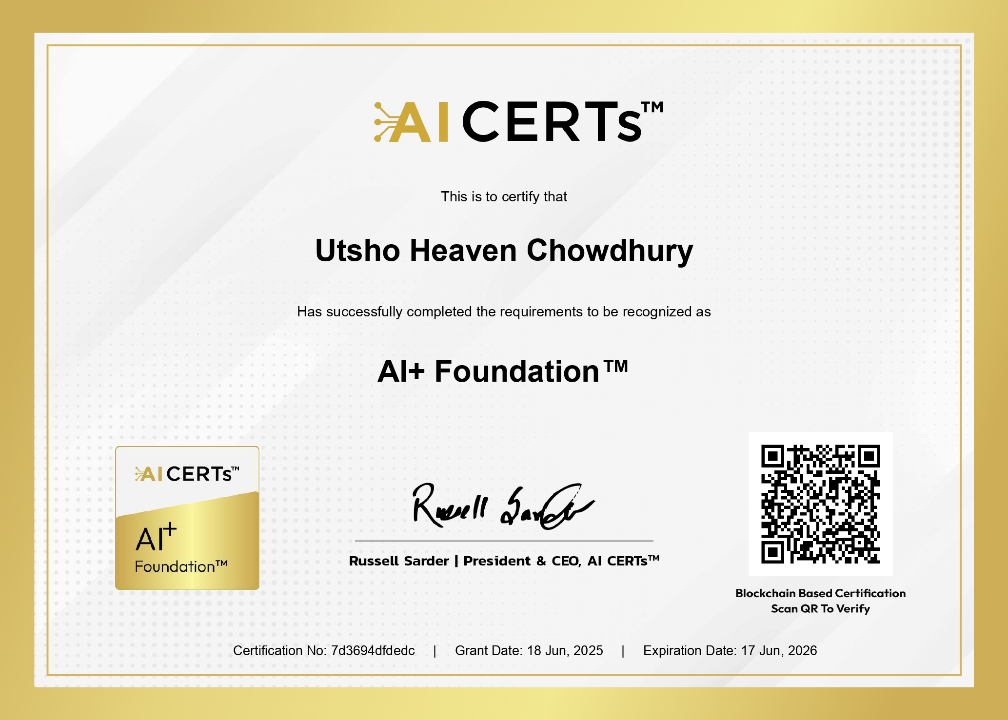 Certificate Earned By Utsho Heaven Chowdhury