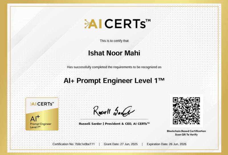 Certificate Earned By Ishat Noor Mahi