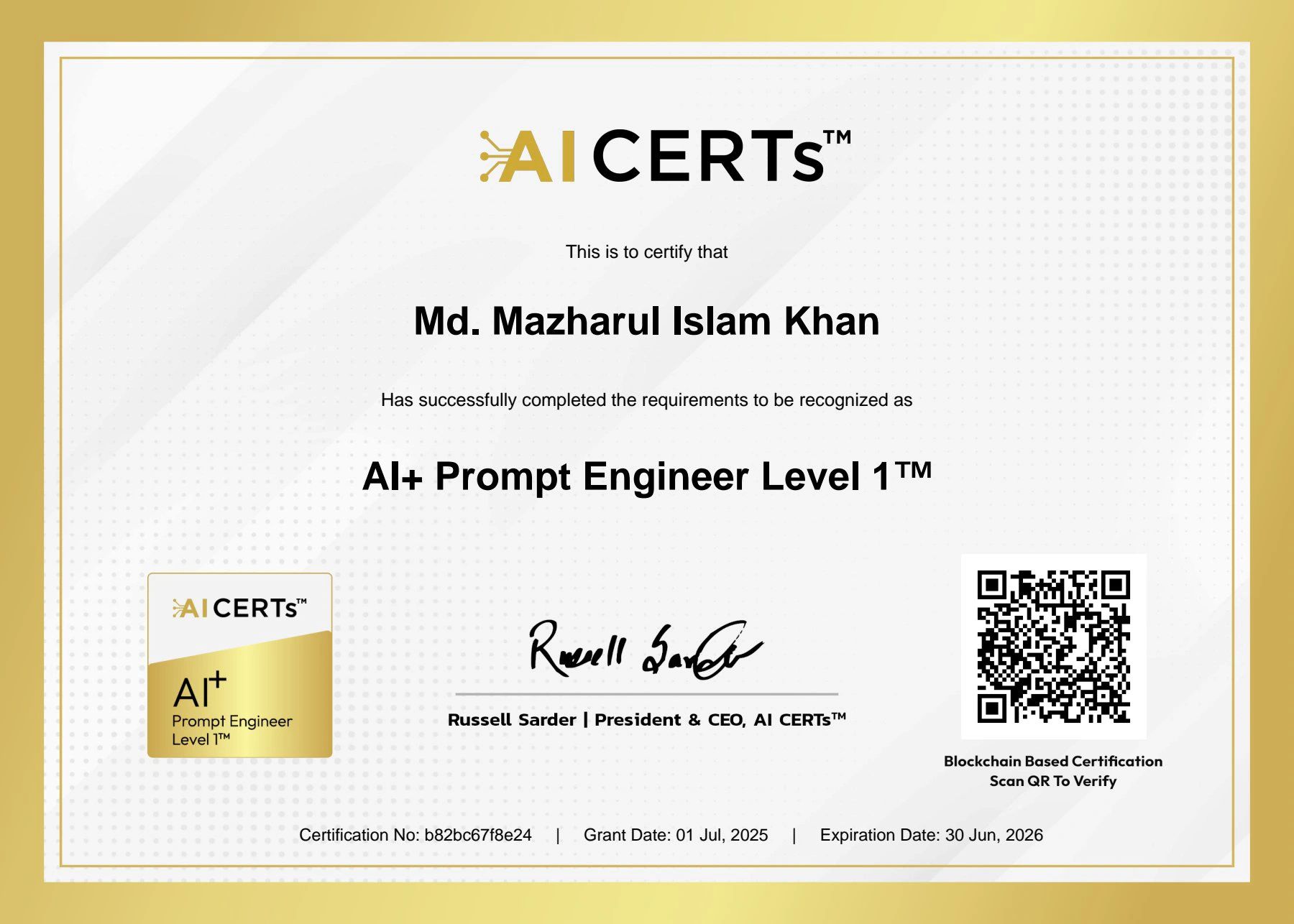 Certificate Earned By Md. Mazharul Islam Khan