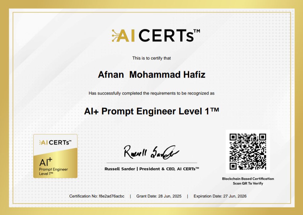 Certificate Earned By Afnan Mohammad Hafiz