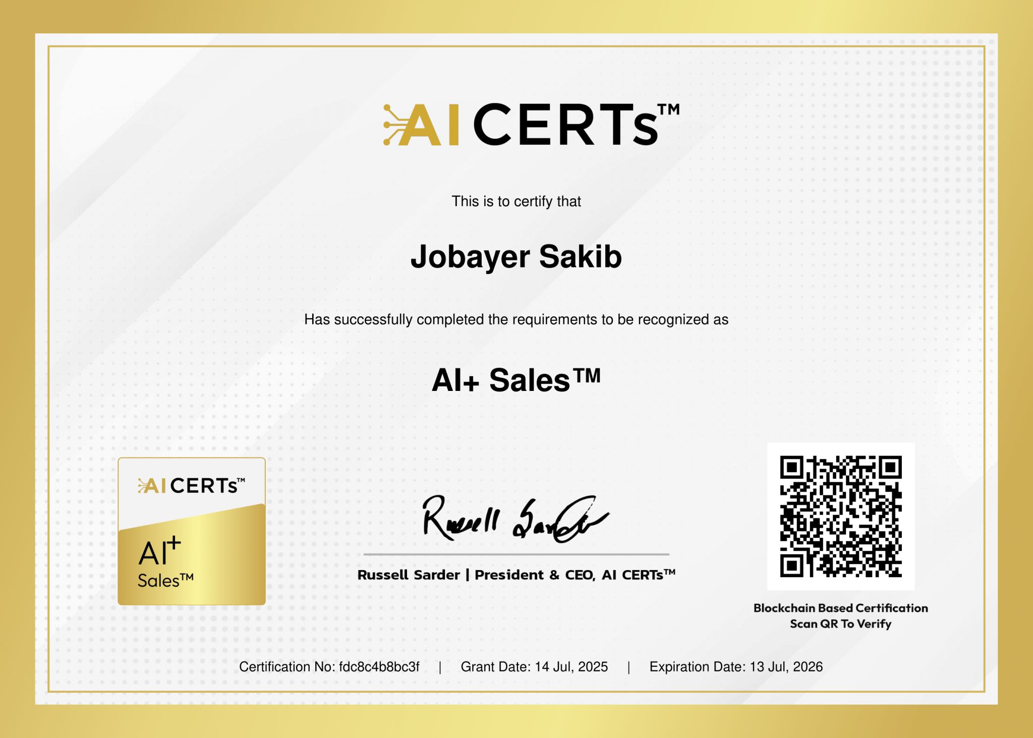 Certificate Earned By JOBAYER AHMED SAKIB