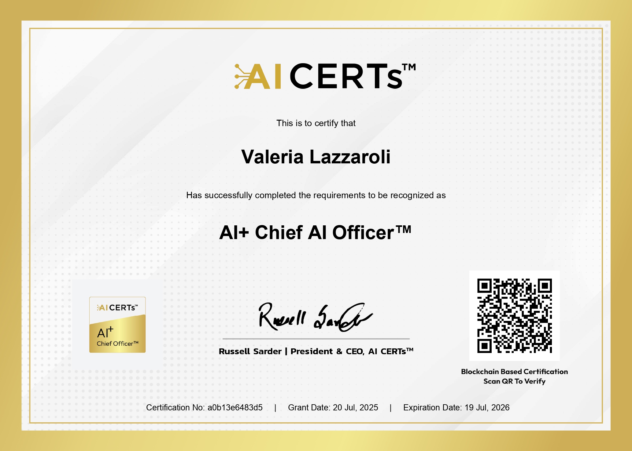 Certificate Earned By Valeria Lazzaroli