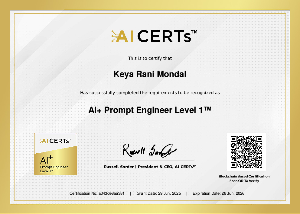 Certificate Earned By Keya Rani Mondal
