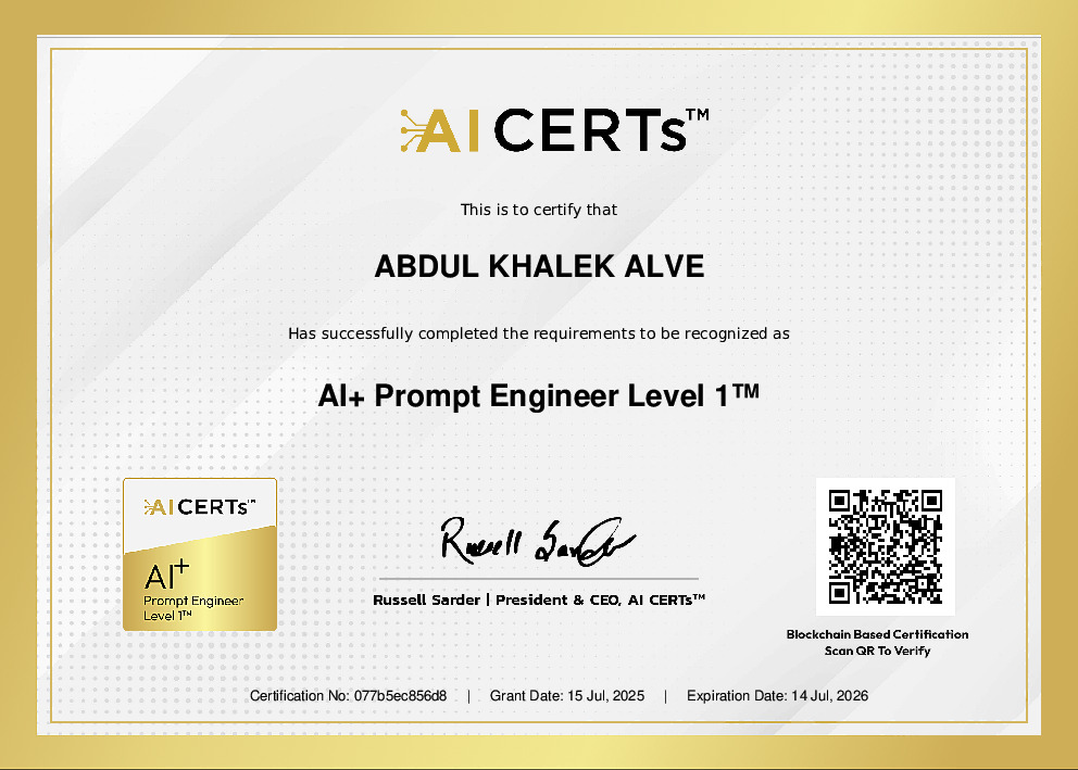Certificate Earned By Abdul Khalek Alve