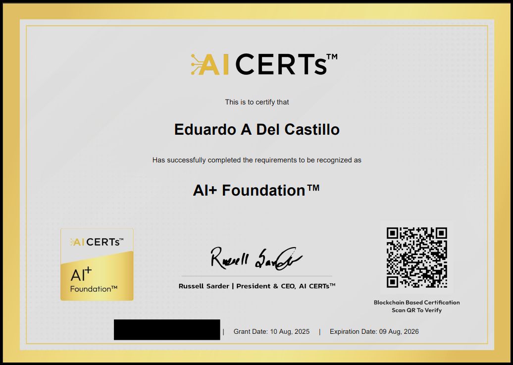 Certificate Earned By Eduardo Del Castillo, CISSP